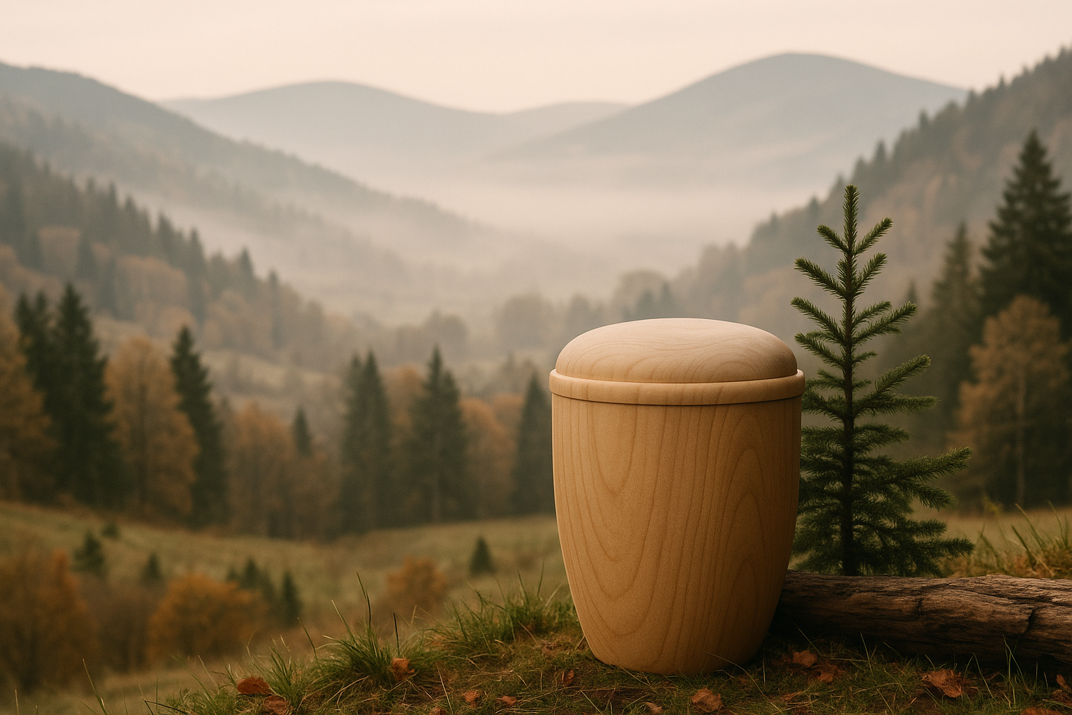 Urne funéraire en bois dans un paysage naturel de montagne